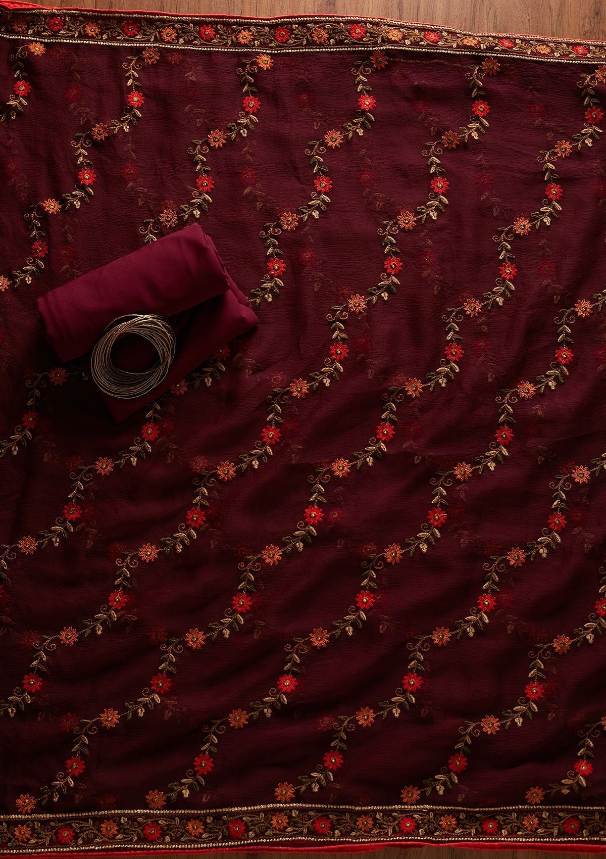 Wine Threadwork Georgette Unstitched Salwar Suit