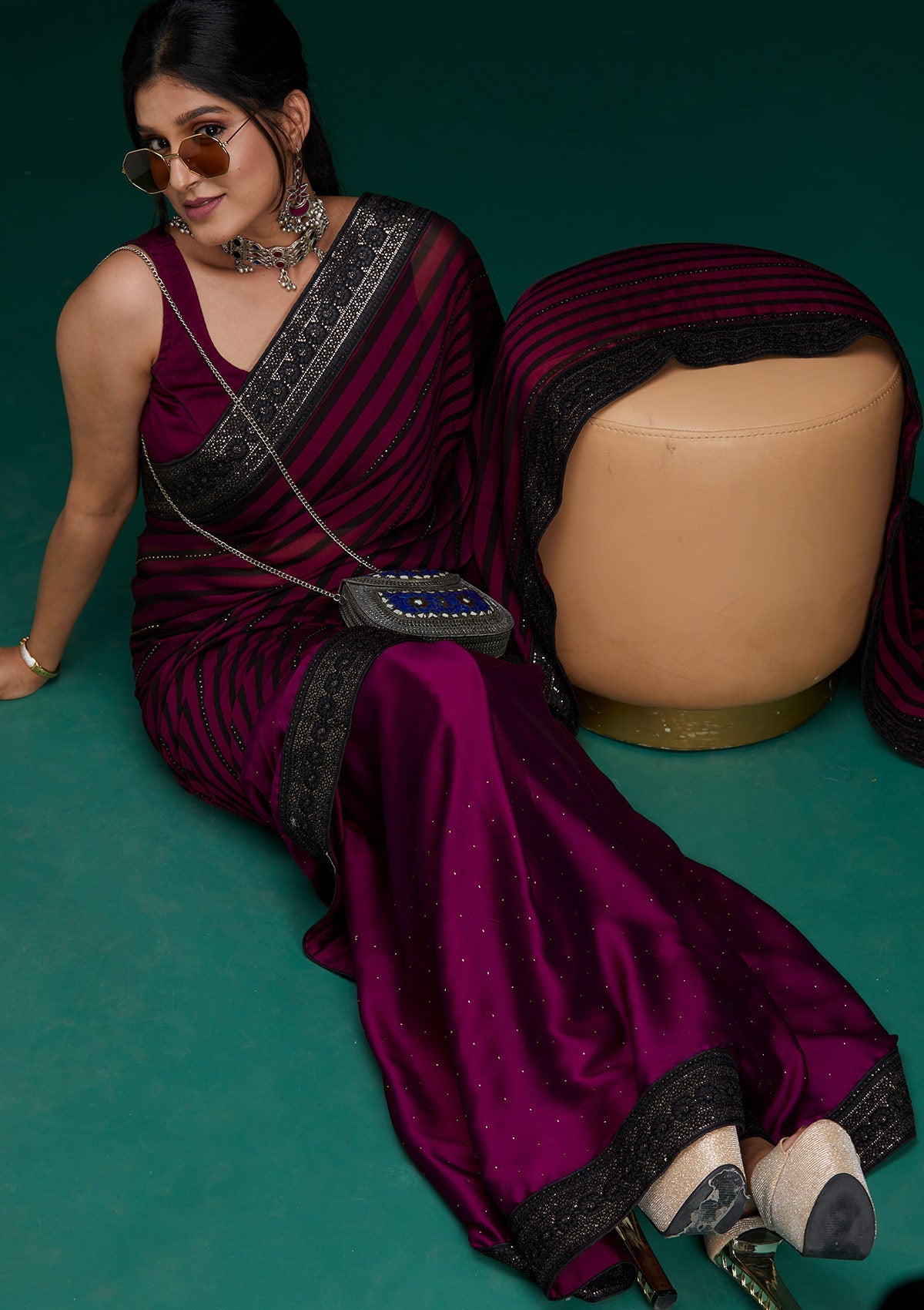 Wine Swarovski Georgette Designer Saree