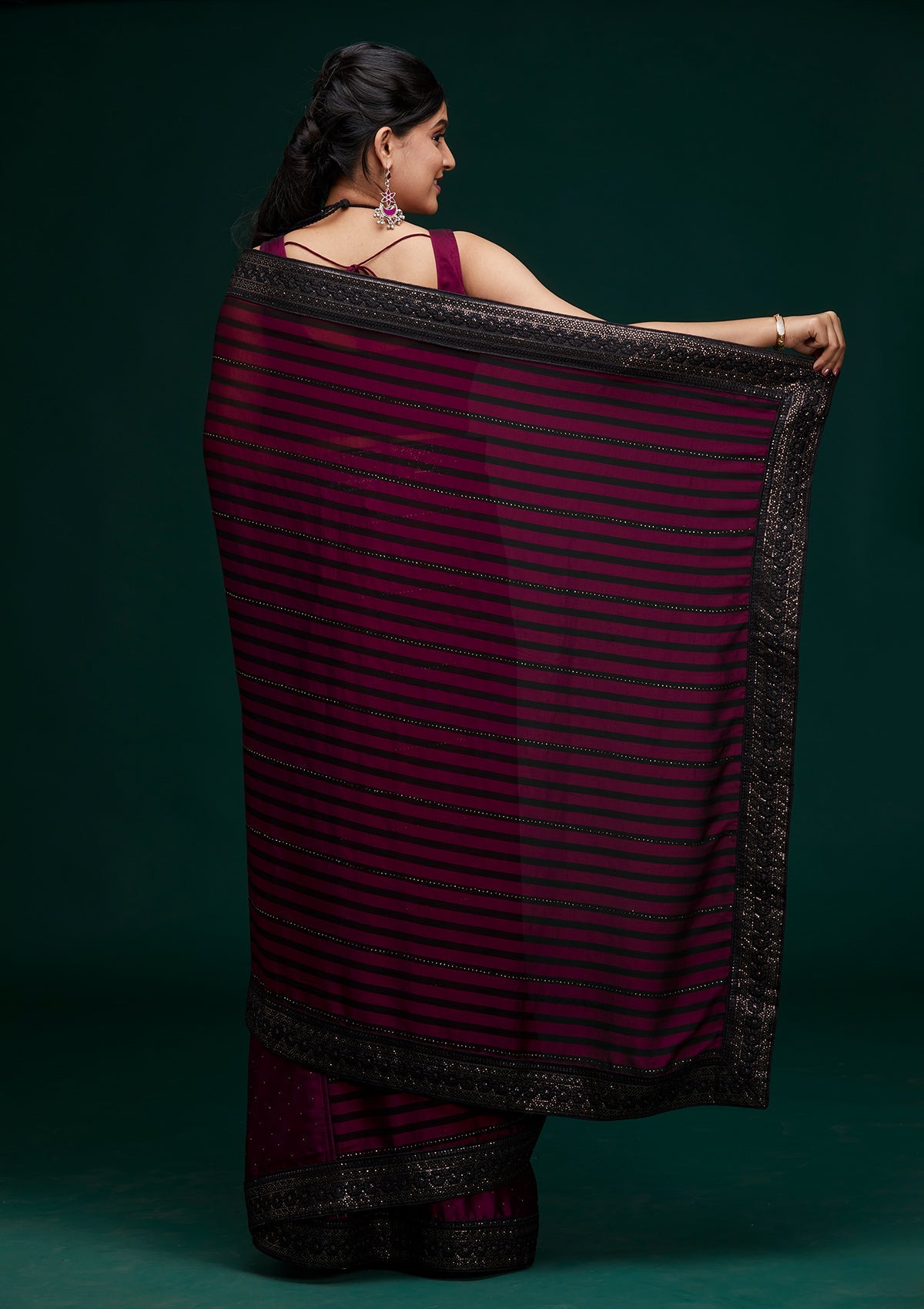 Wine Swarovski Georgette Designer Saree