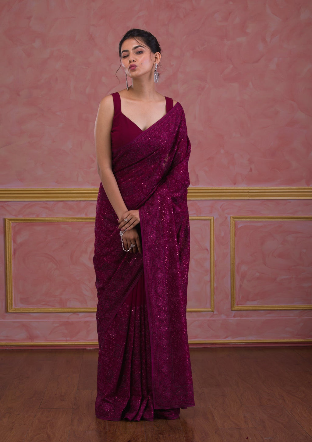 Wine Swarovski Georgette Designer Saree