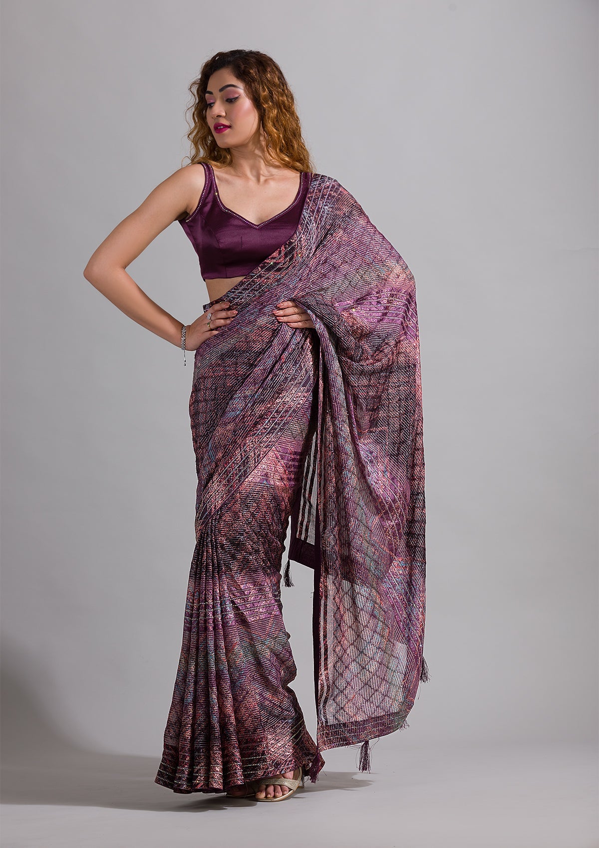 Wine Swarovski Semi Crepe Saree