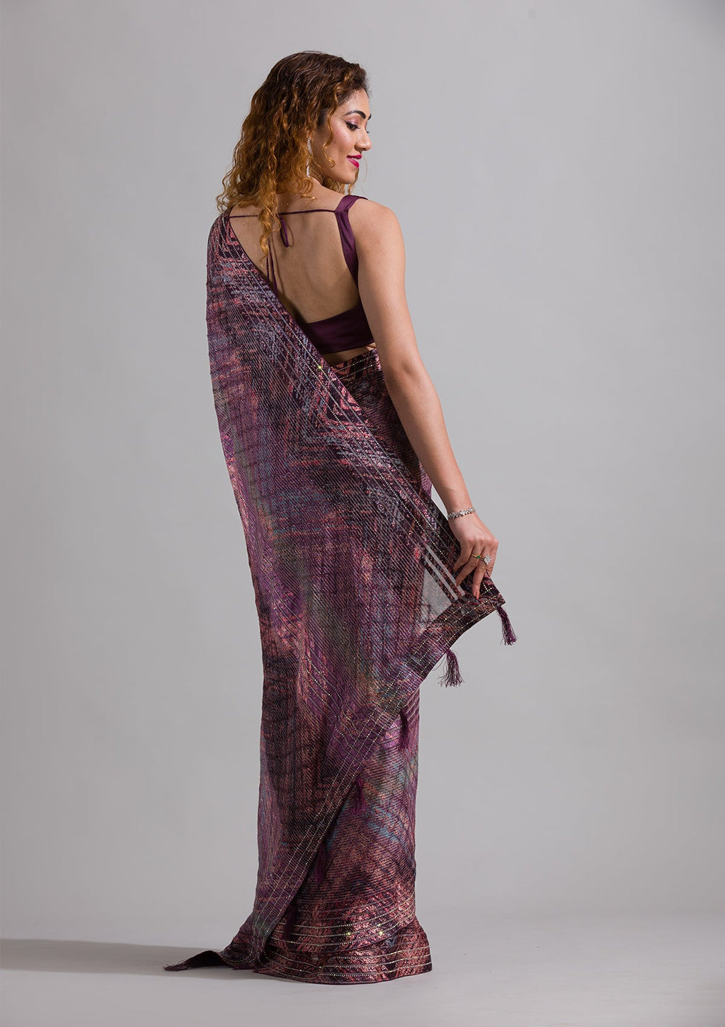 Wine Swarovski Semi Crepe Saree