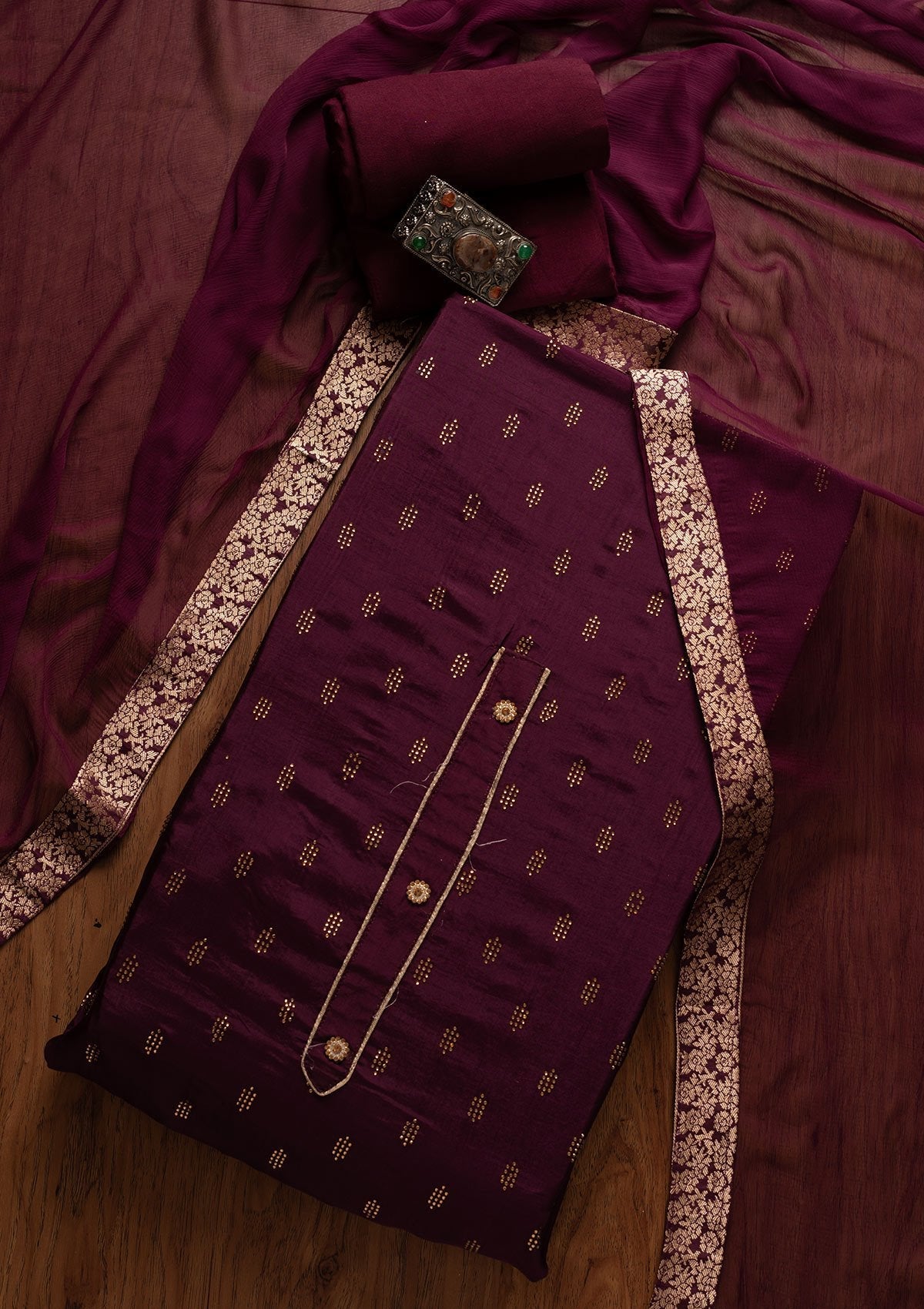 Wine Swarovski Satin Unstitched Salwar Suit