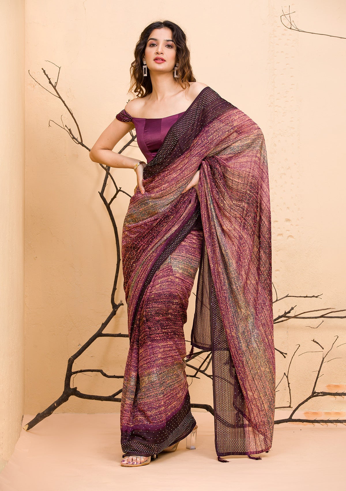 Wine Glitter Satin Saree