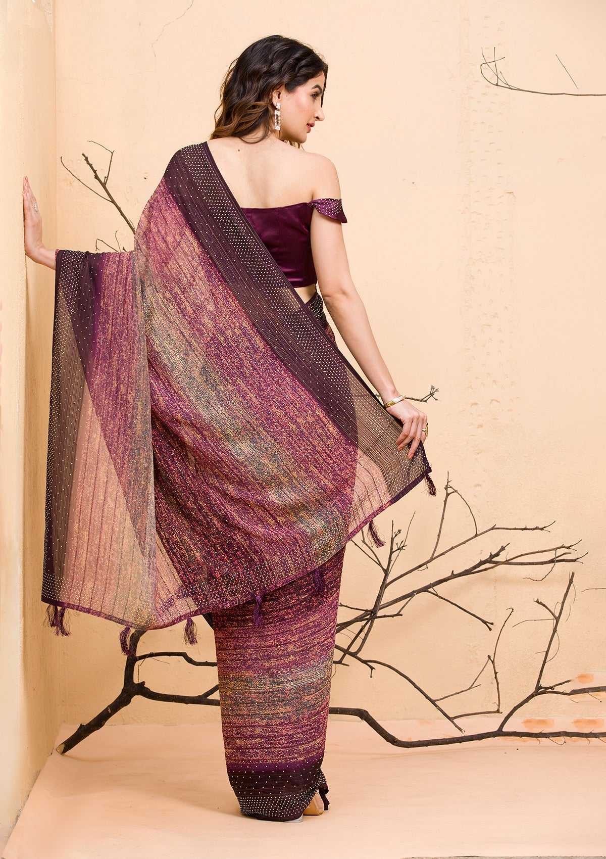 Wine Glitter Satin Saree