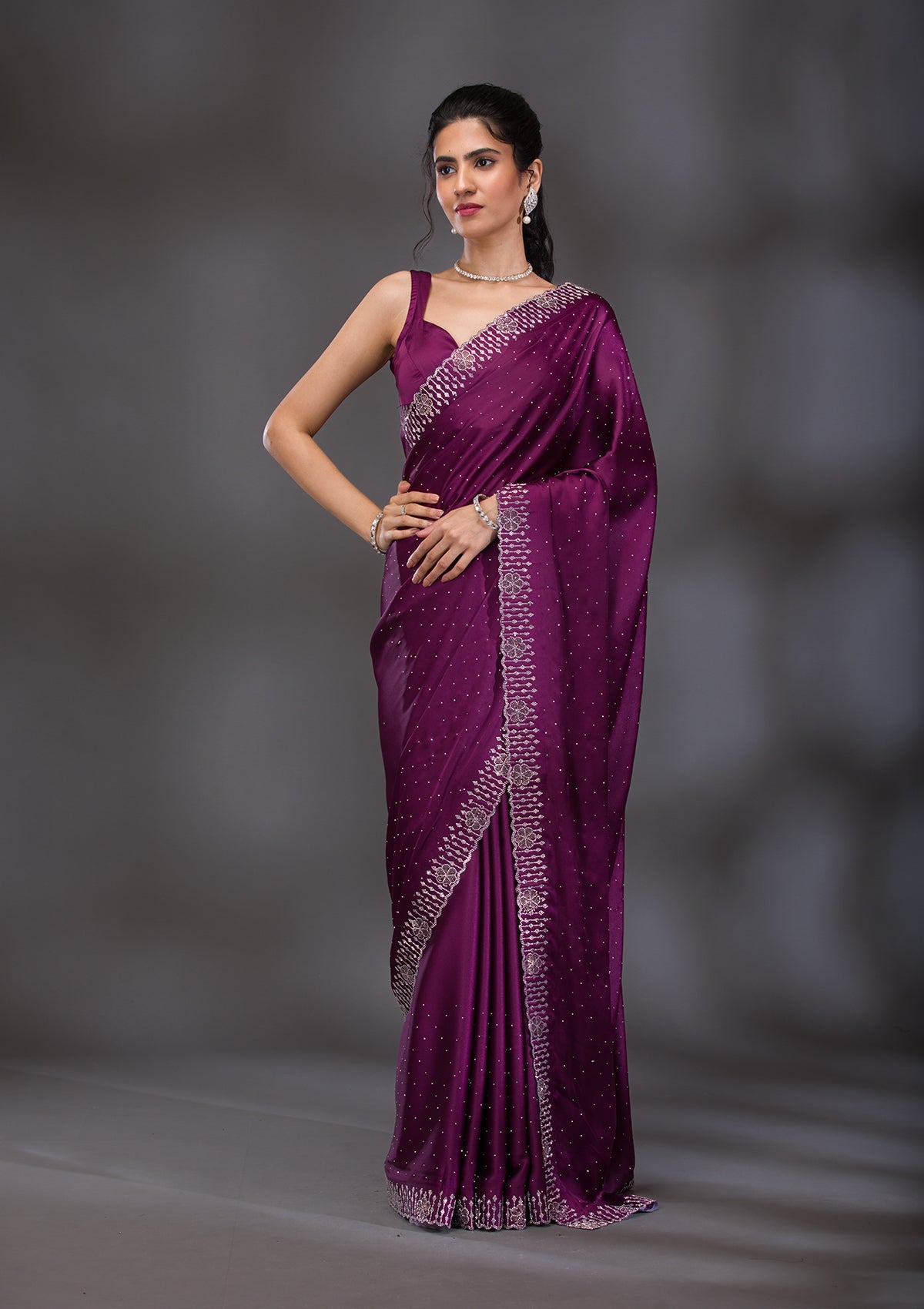 Wine Swarovski Satin Saree