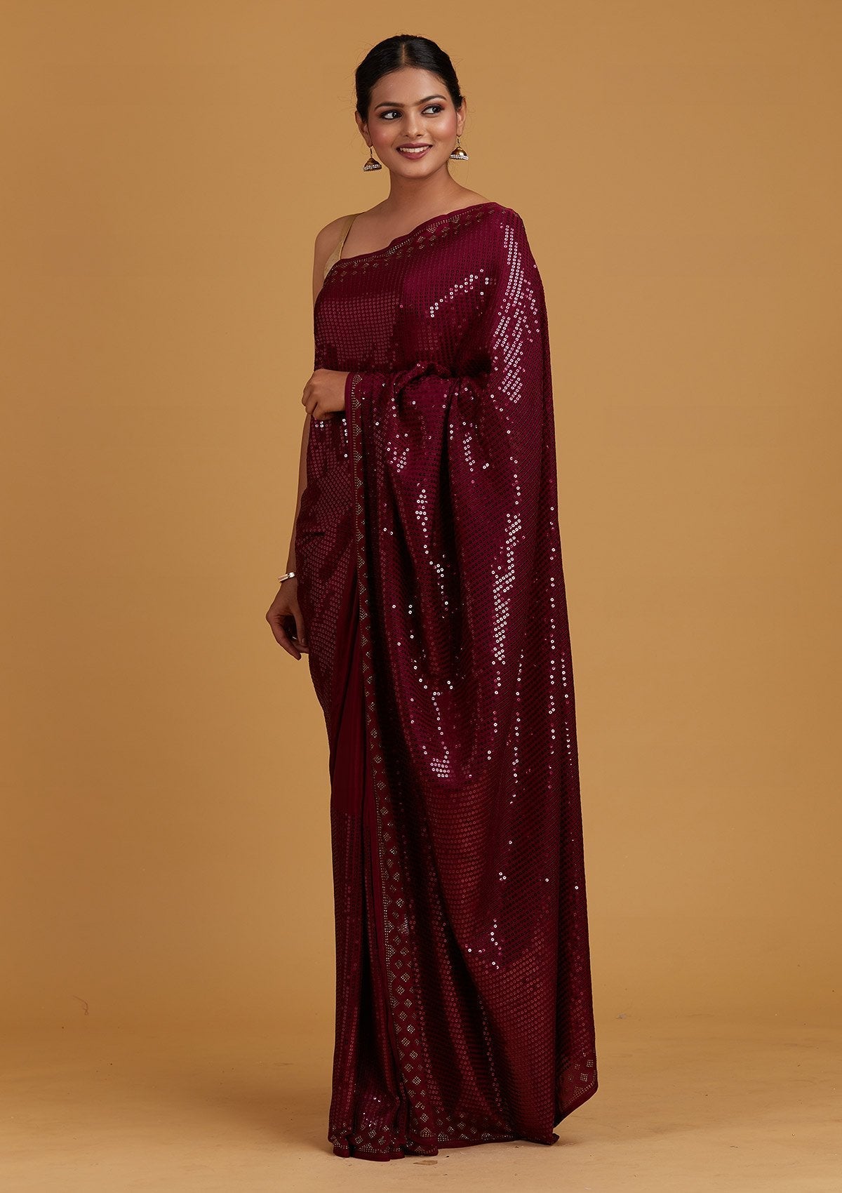 Wine Sequins Semi Crepe Designer Saree