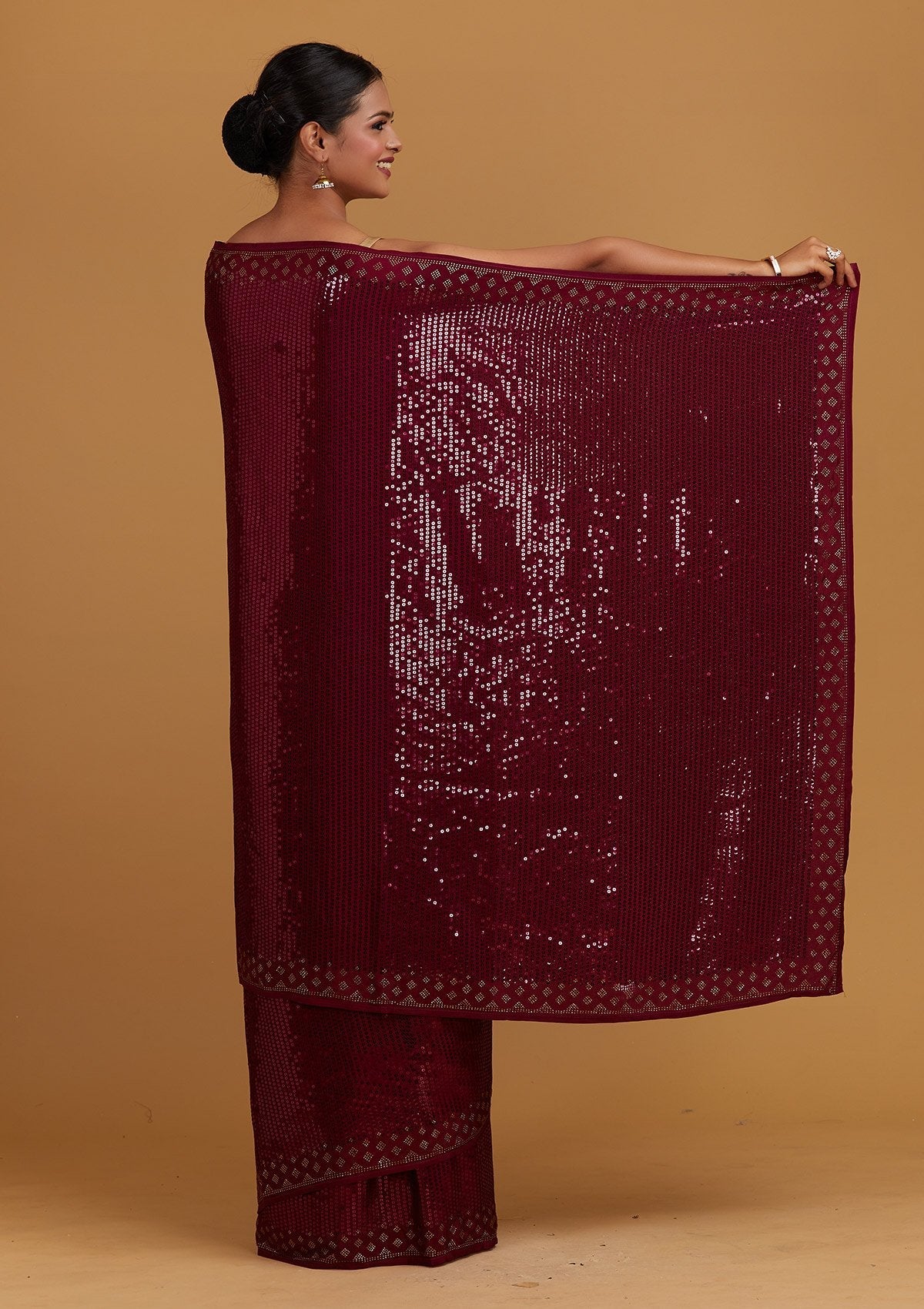 Wine Sequins Semi Crepe Designer Saree