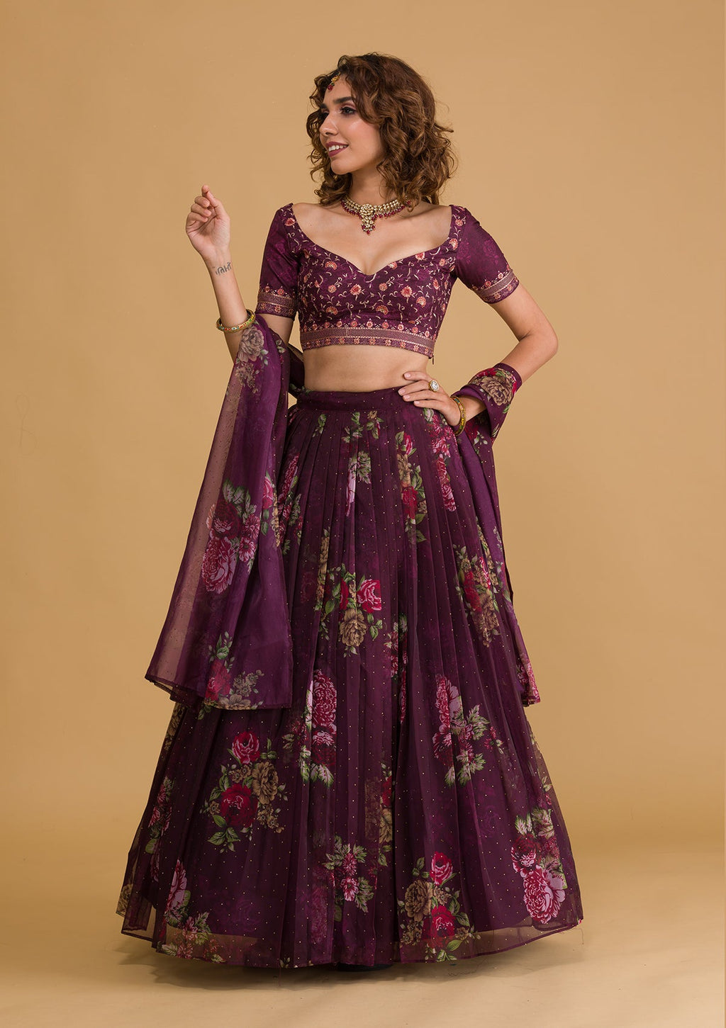 Wine Swarovski Tissue Semi Stitched Lehenga