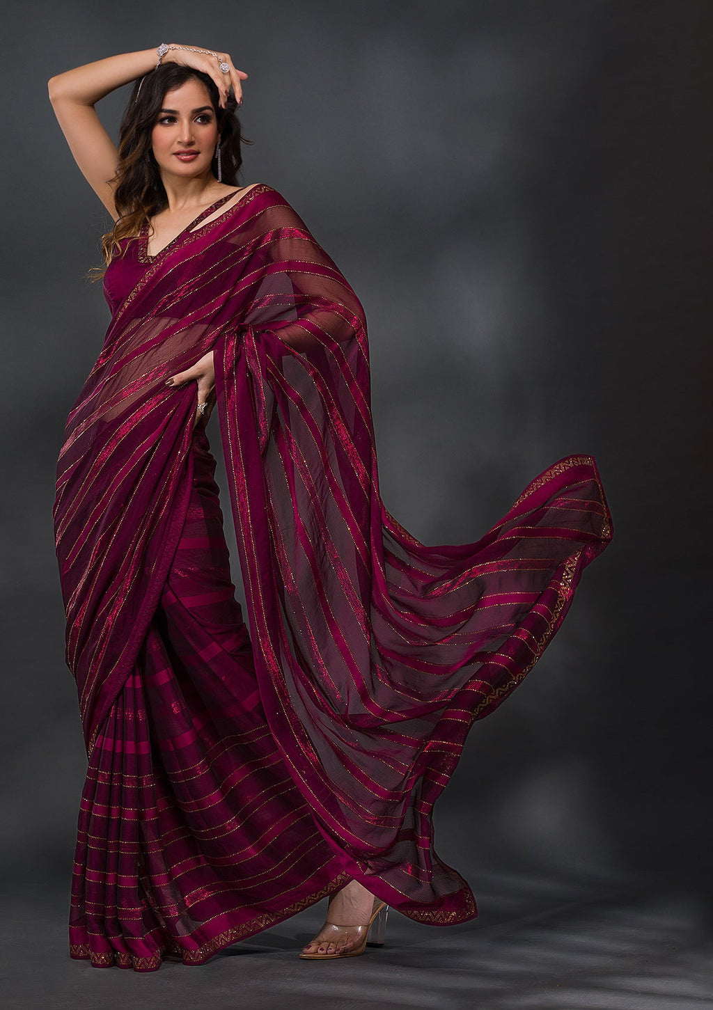Wine Swarovski Georgette Saree