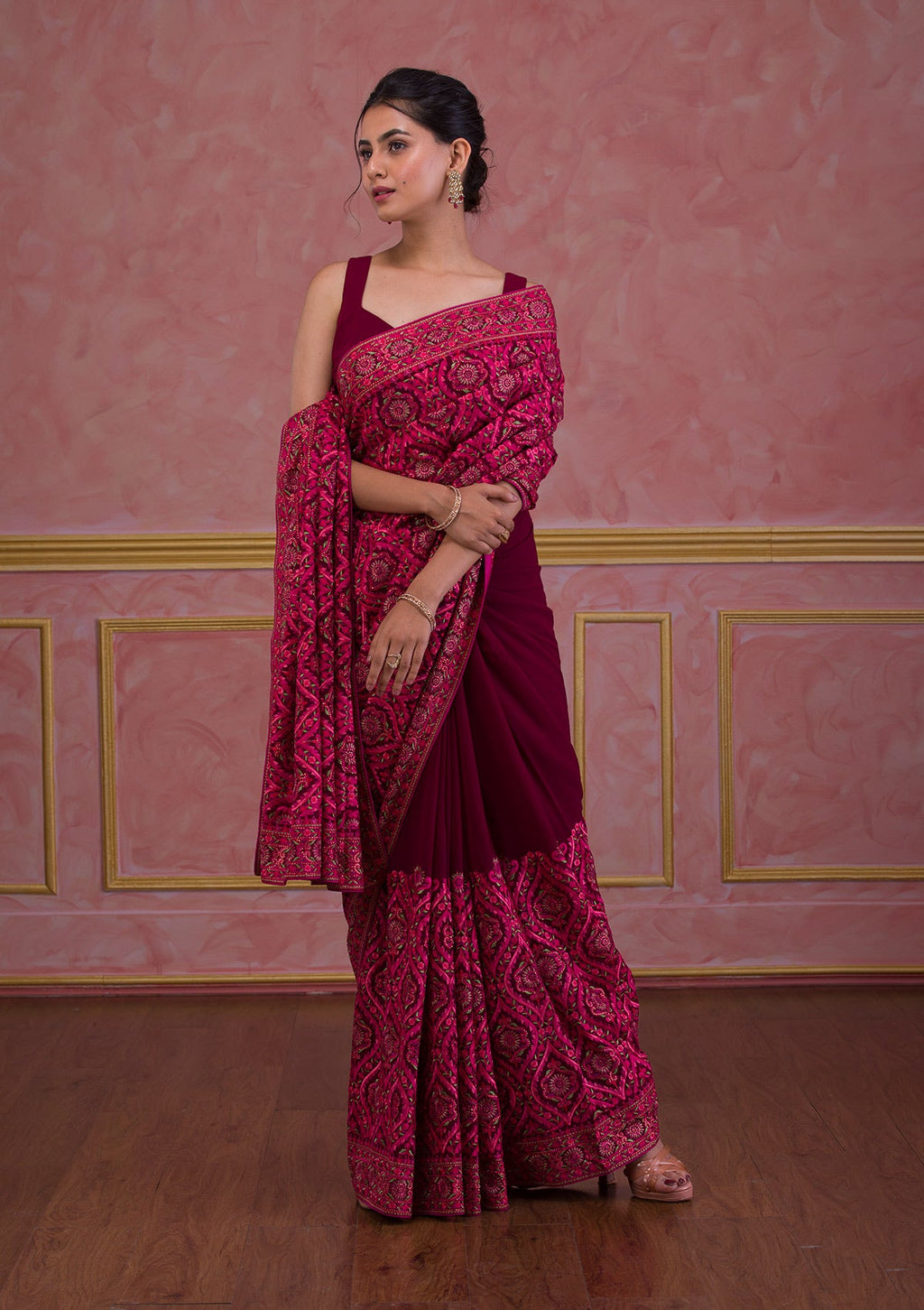 Wine Threadwork Georgette Saree