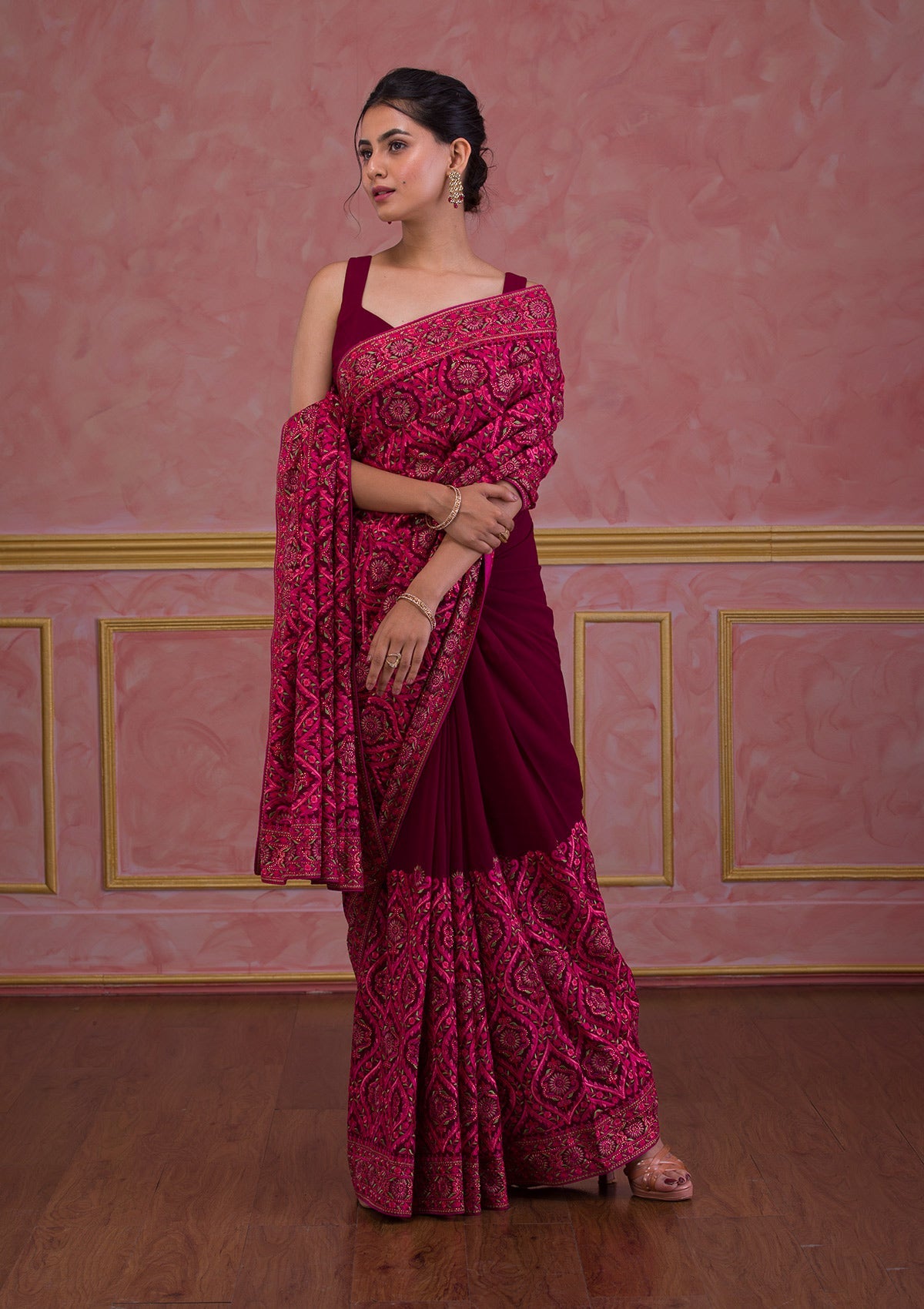 Wine Threadwork Georgette Saree