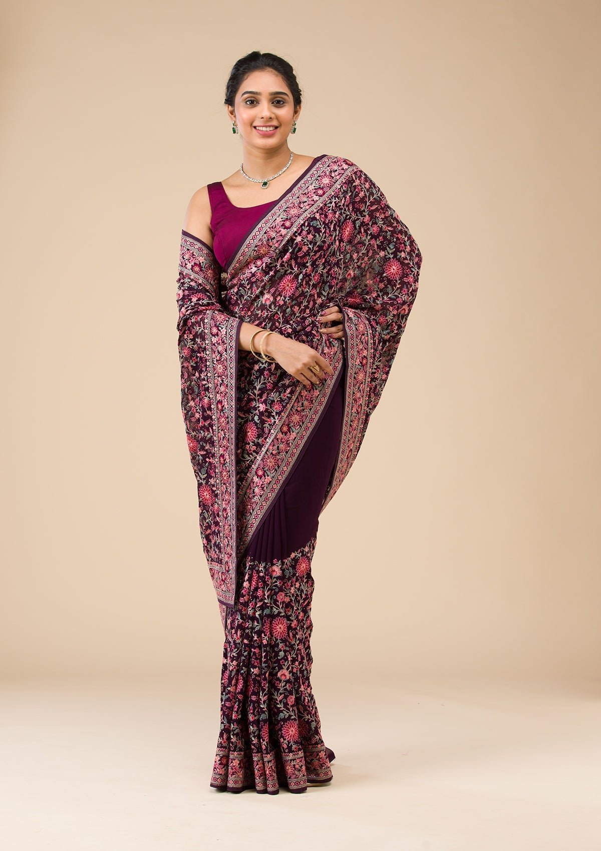 Wine Threadwork Tissue Saree