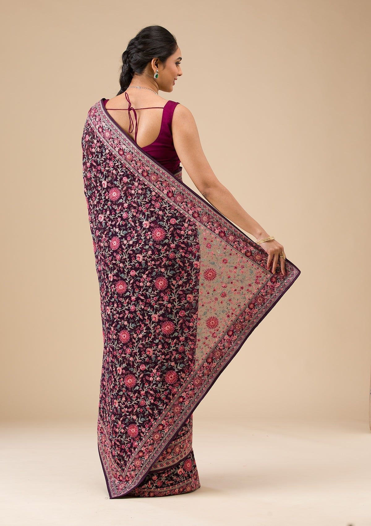 Wine Threadwork Tissue Saree