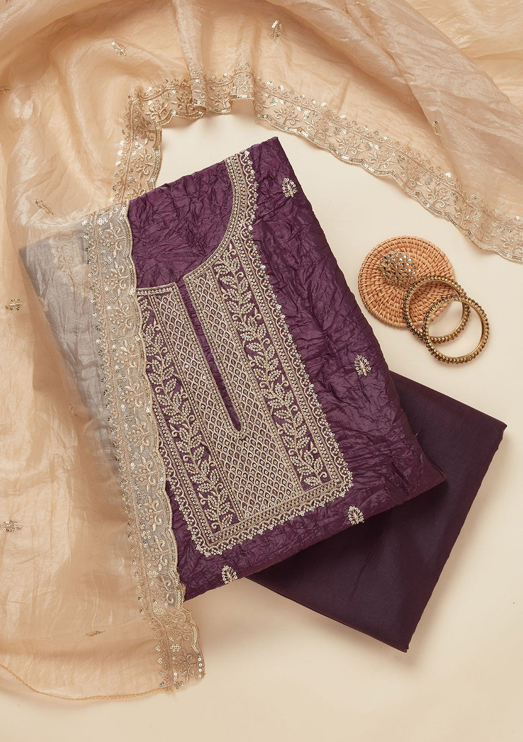 Wine Threadwork Semi Crepe Unstitched Salwar Suit
