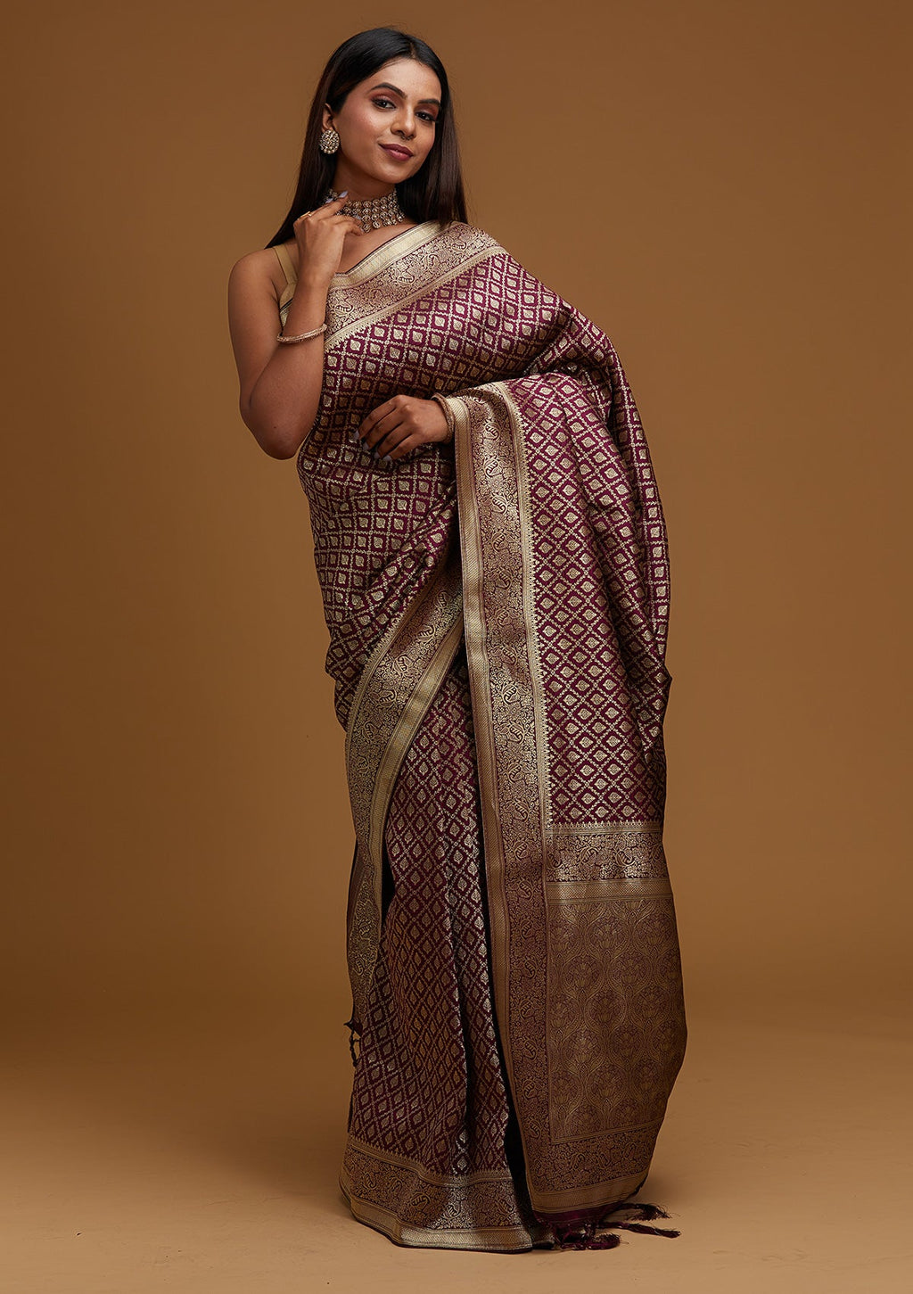 Wine Zari Work Banarasi Saree