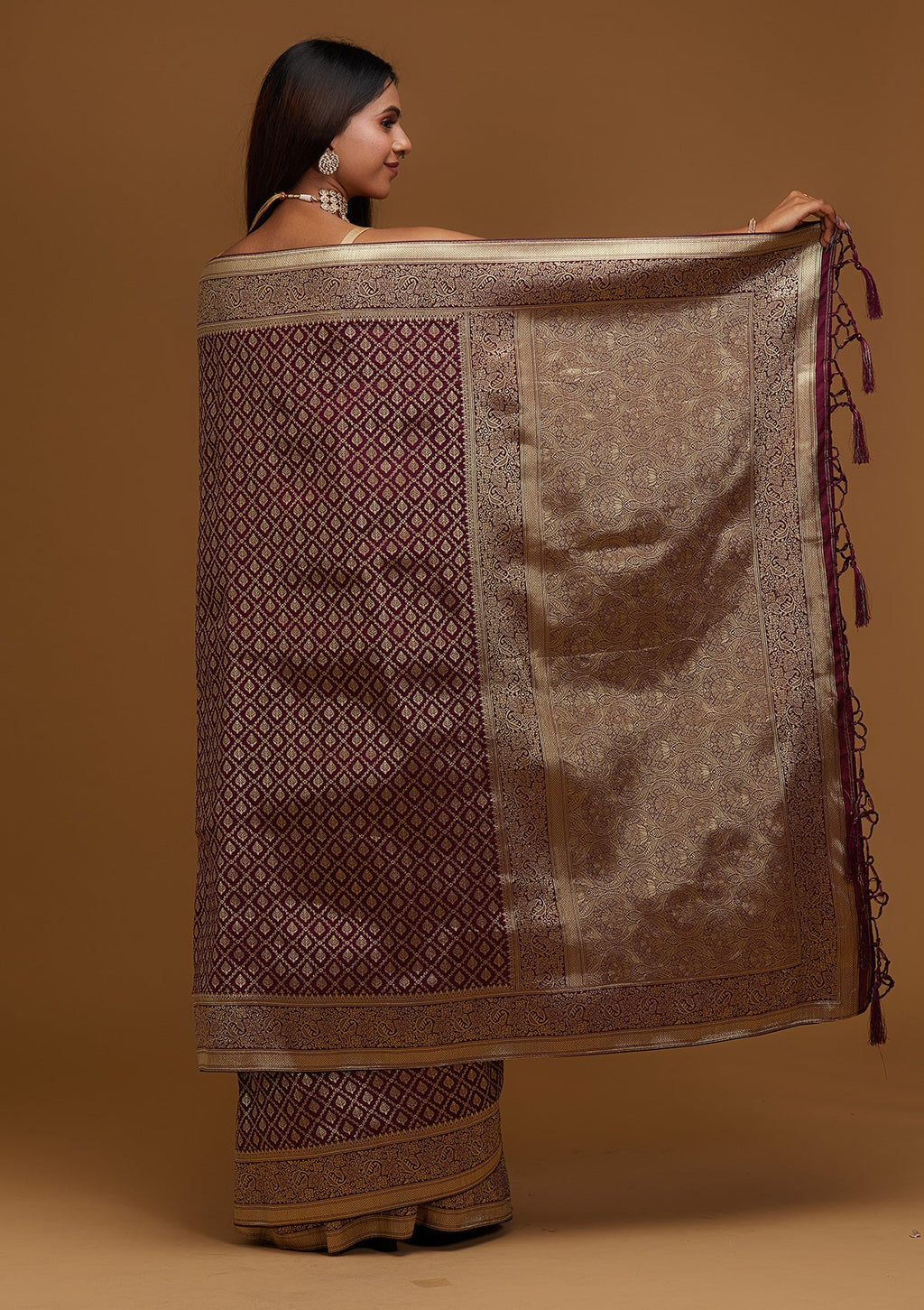 Wine Zari Work Banarasi Saree