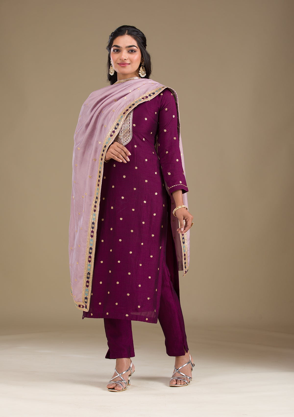 Wine Zariwork Art Silk Readymade Salwar Suit