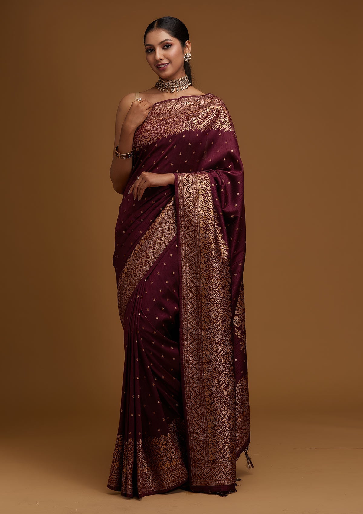 Wine Zari Work Banarasi  Saree