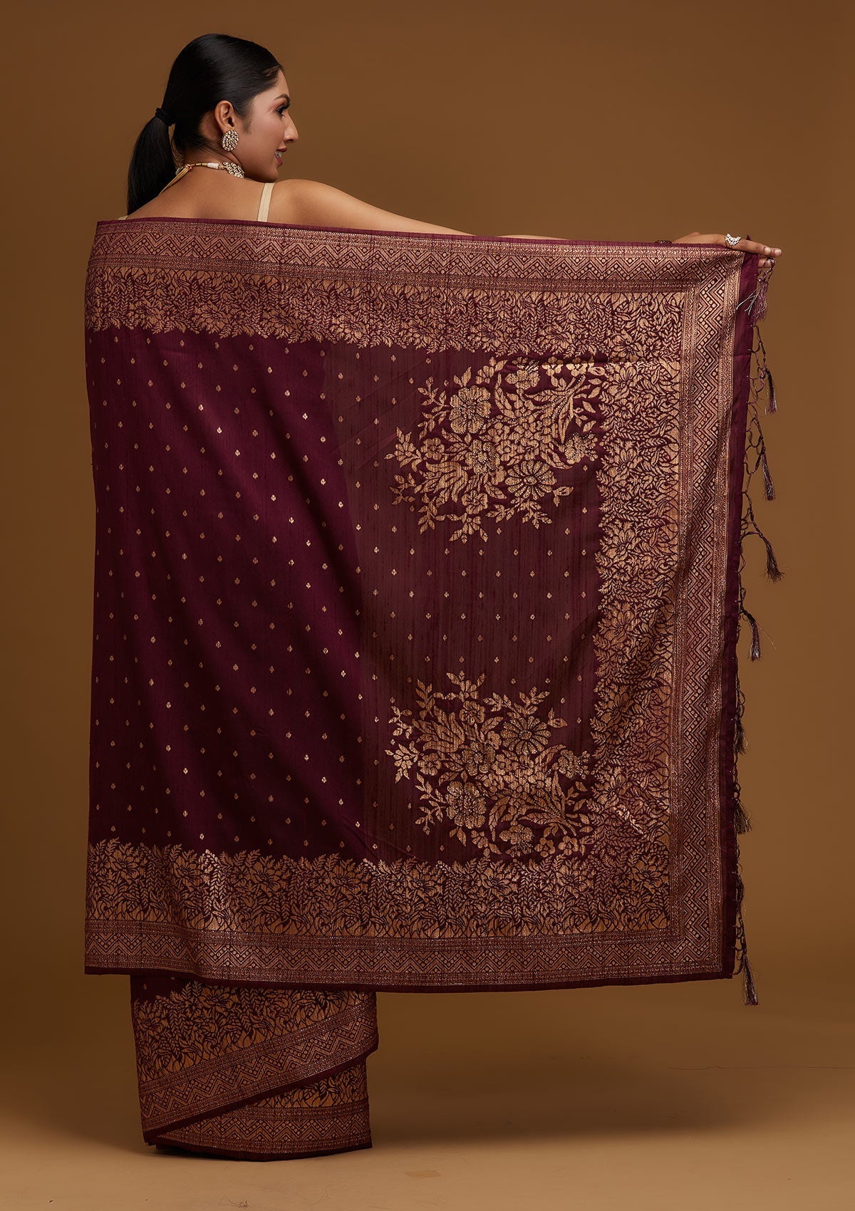 Wine Zari Work Banarasi  Saree