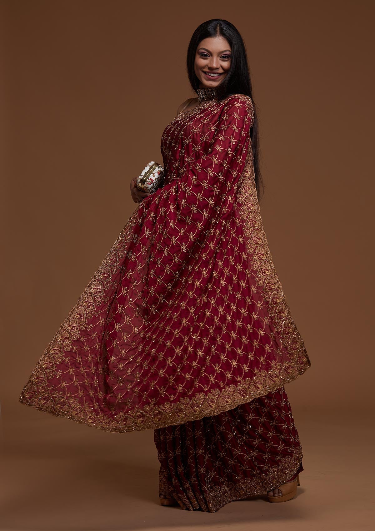 Wine Zari Work Raw Silk Saree