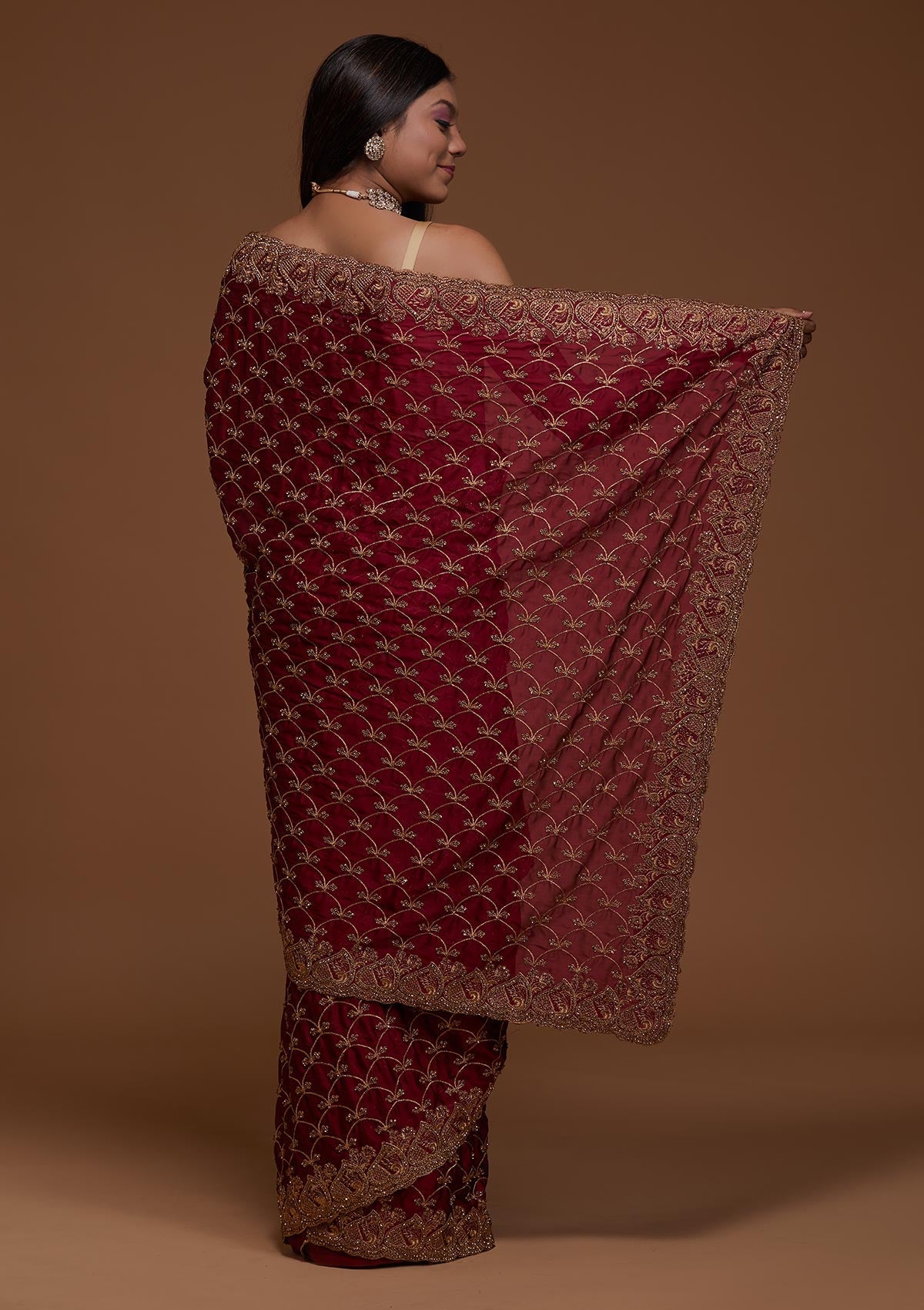 Wine Zari Work Raw Silk Saree