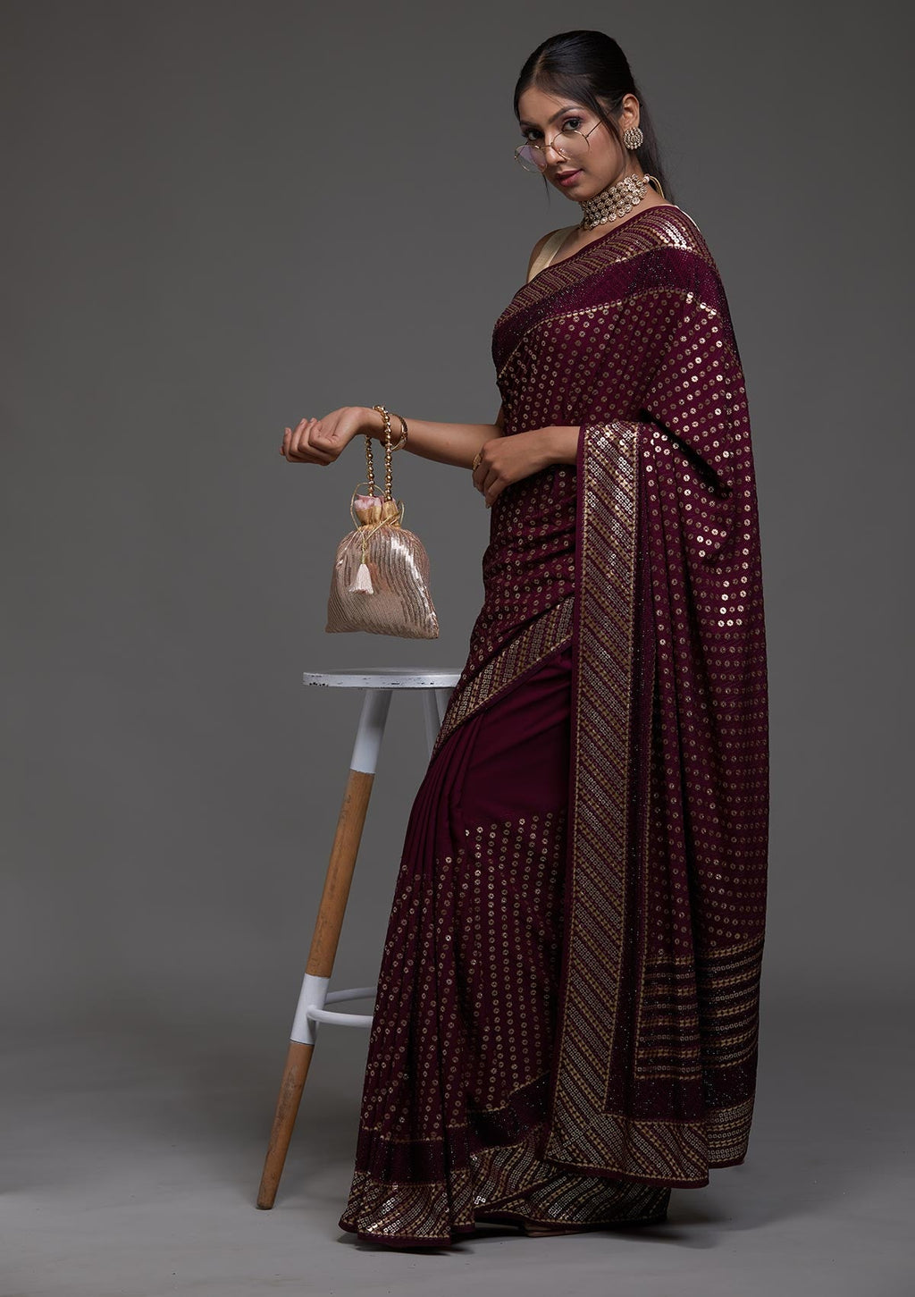 Wine Sequins Georgette Designer Saree