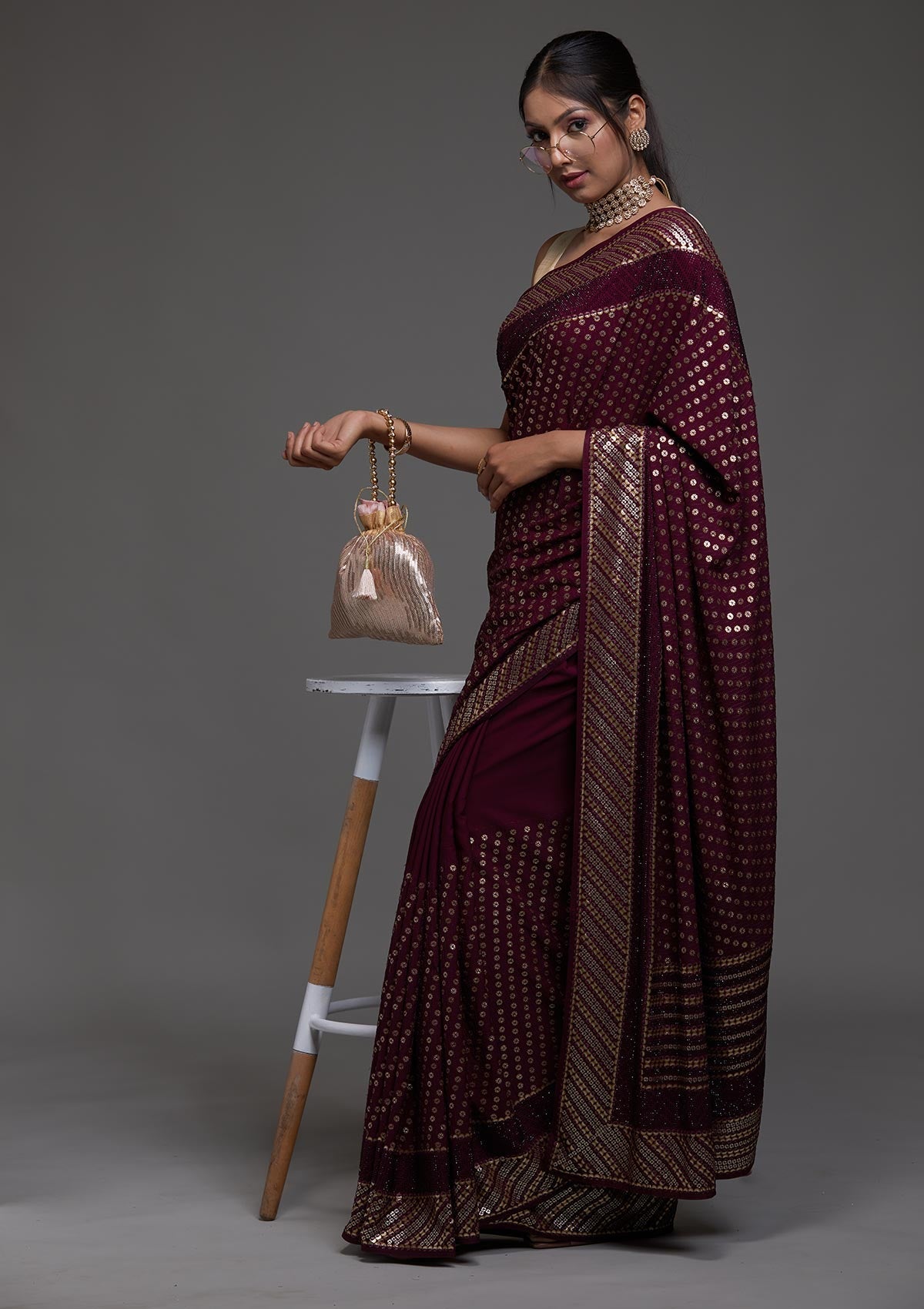 Wine Sequins Georgette Designer Saree