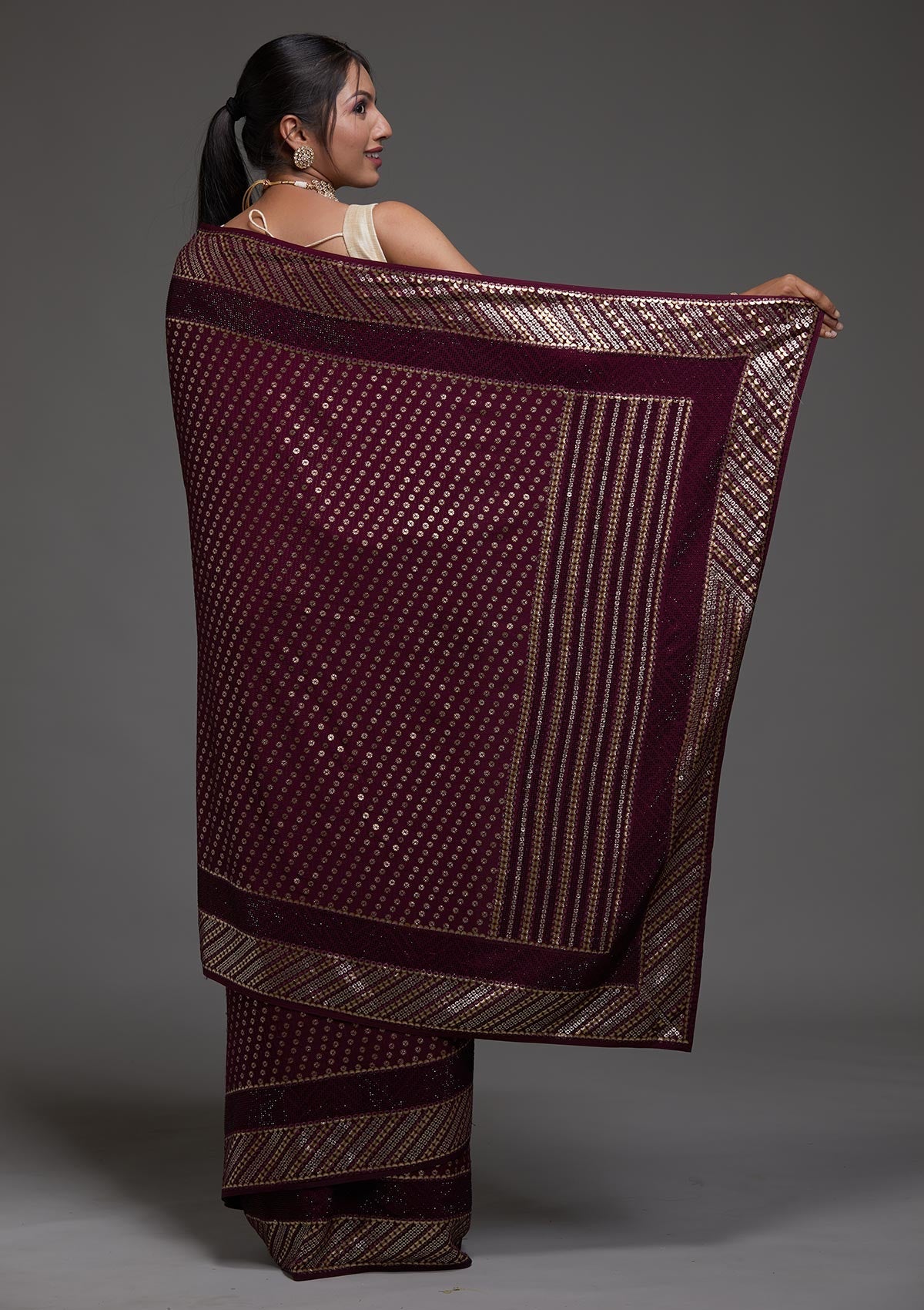 Wine Sequins Georgette Designer Saree