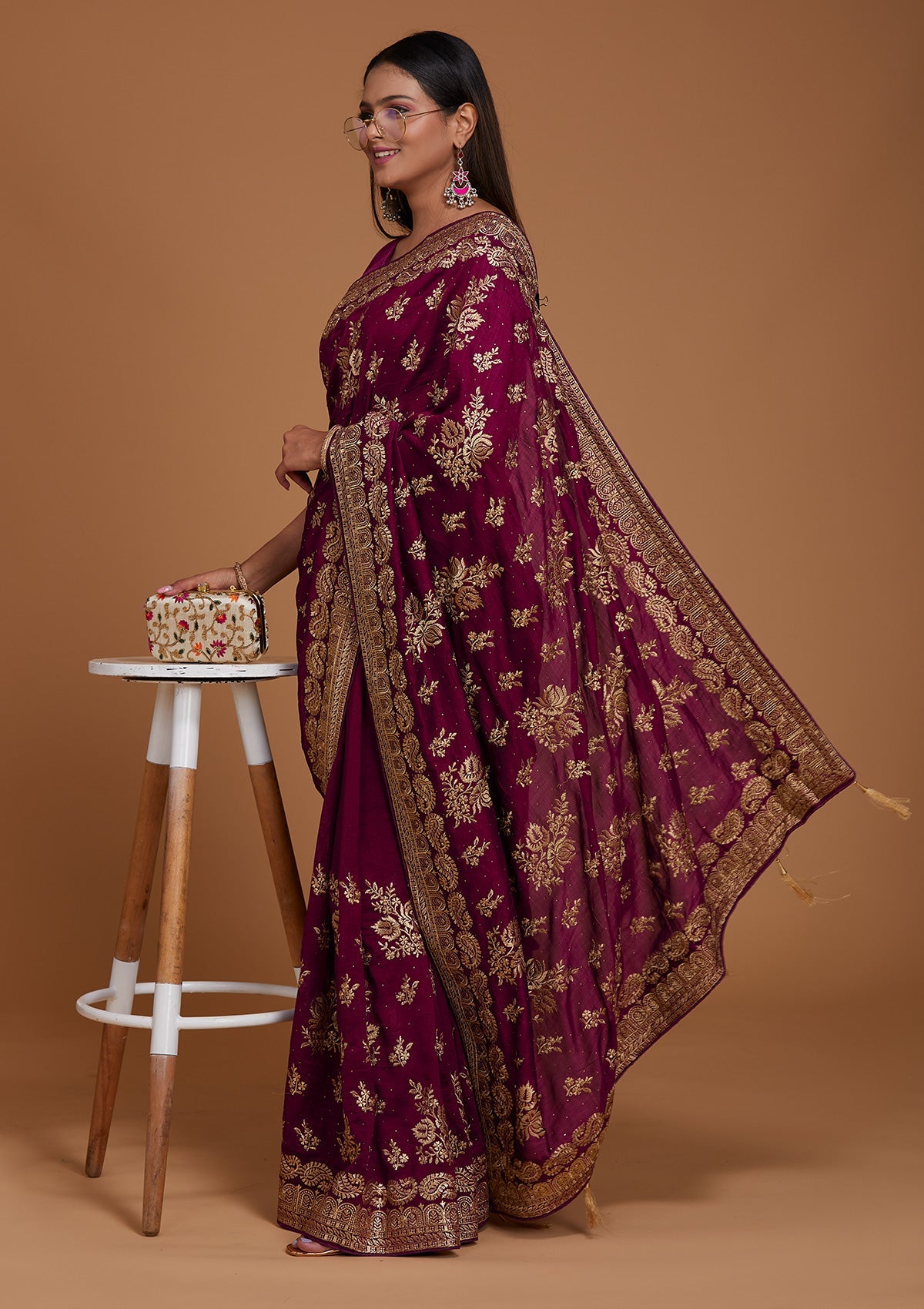 Wine Zari Work Raw Silk Saree