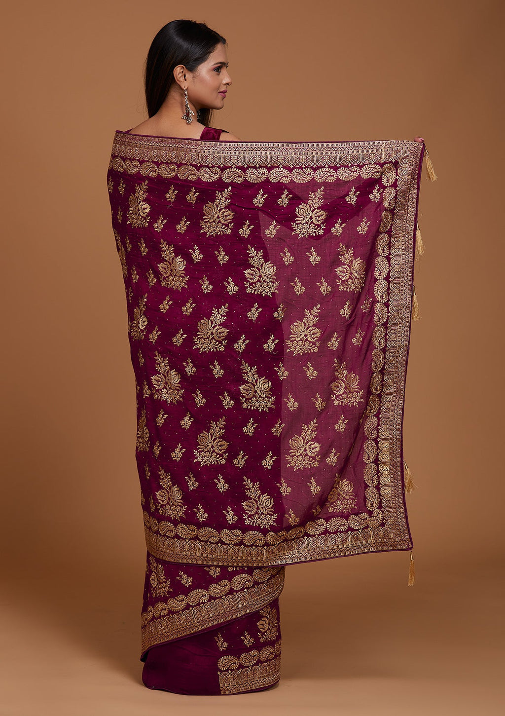 Wine Zari Work Raw Silk Saree