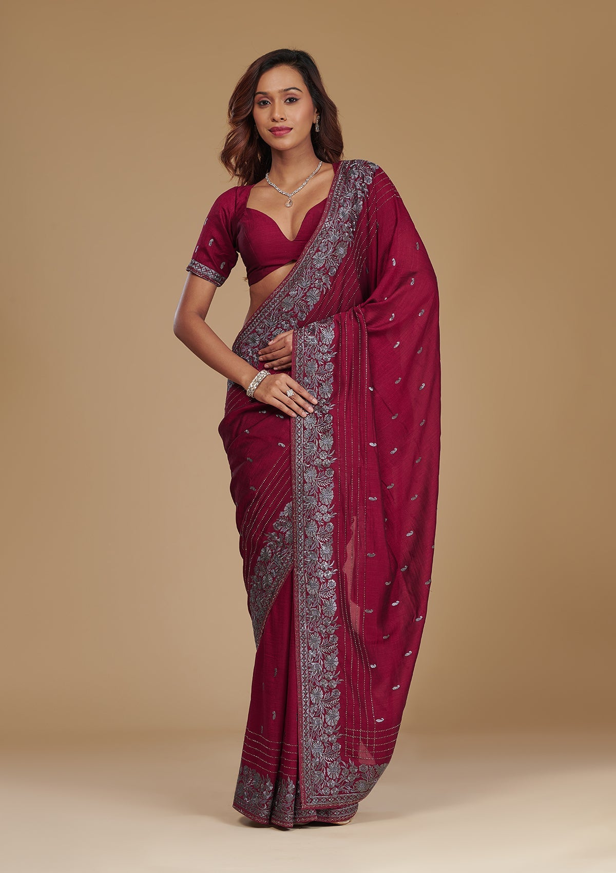Wine Zariwork (Silver) Soft Raw Silk Saree