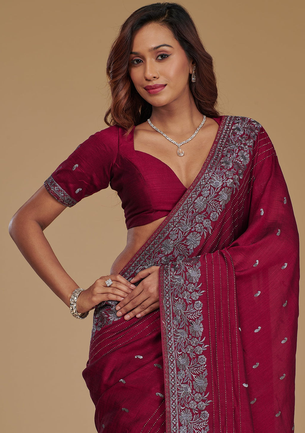Wine Zariwork (Silver) Soft Raw Silk Saree