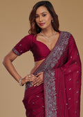 Wine Zariwork (Silver) Soft Raw Silk Saree