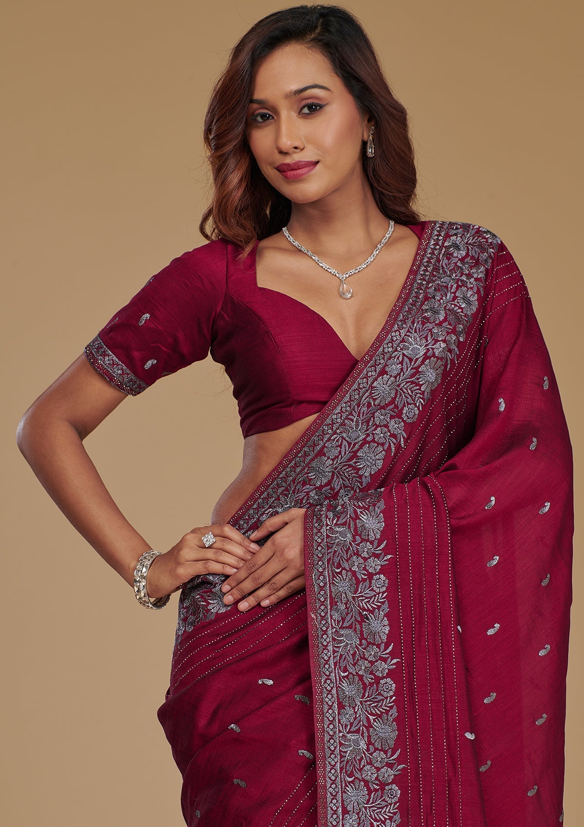 Wine Zariwork (Silver) Soft Raw Silk Saree