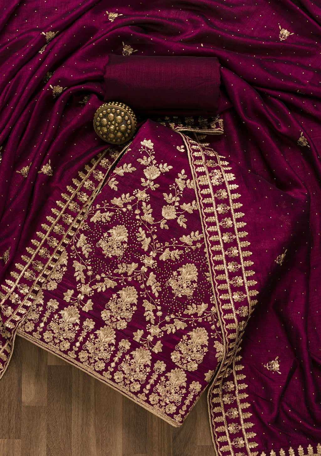 Wine Zariwork Art Silk Unstitched Salwar Suit