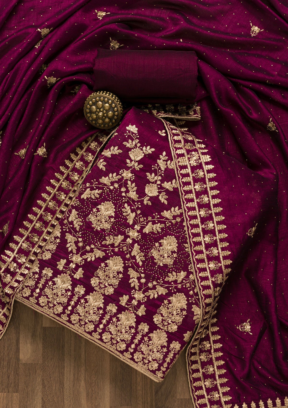Wine Zariwork Art Silk Unstitched Salwar Suit