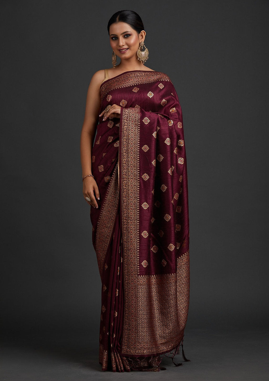Wine Zari Work Raw Silk Saree