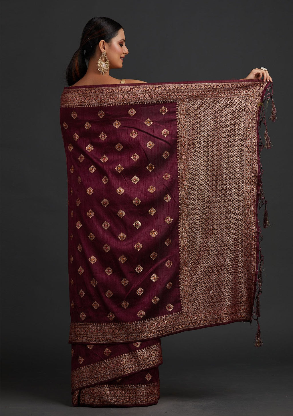 Wine Zari Work Raw Silk Saree