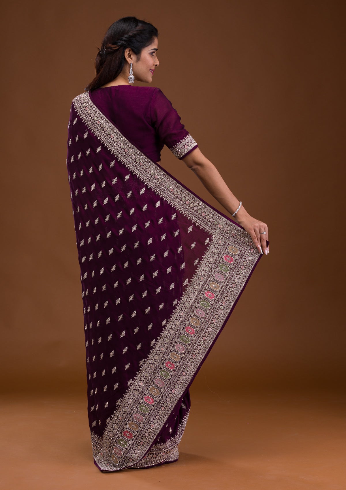Wine Zariwork Raw Silk Saree