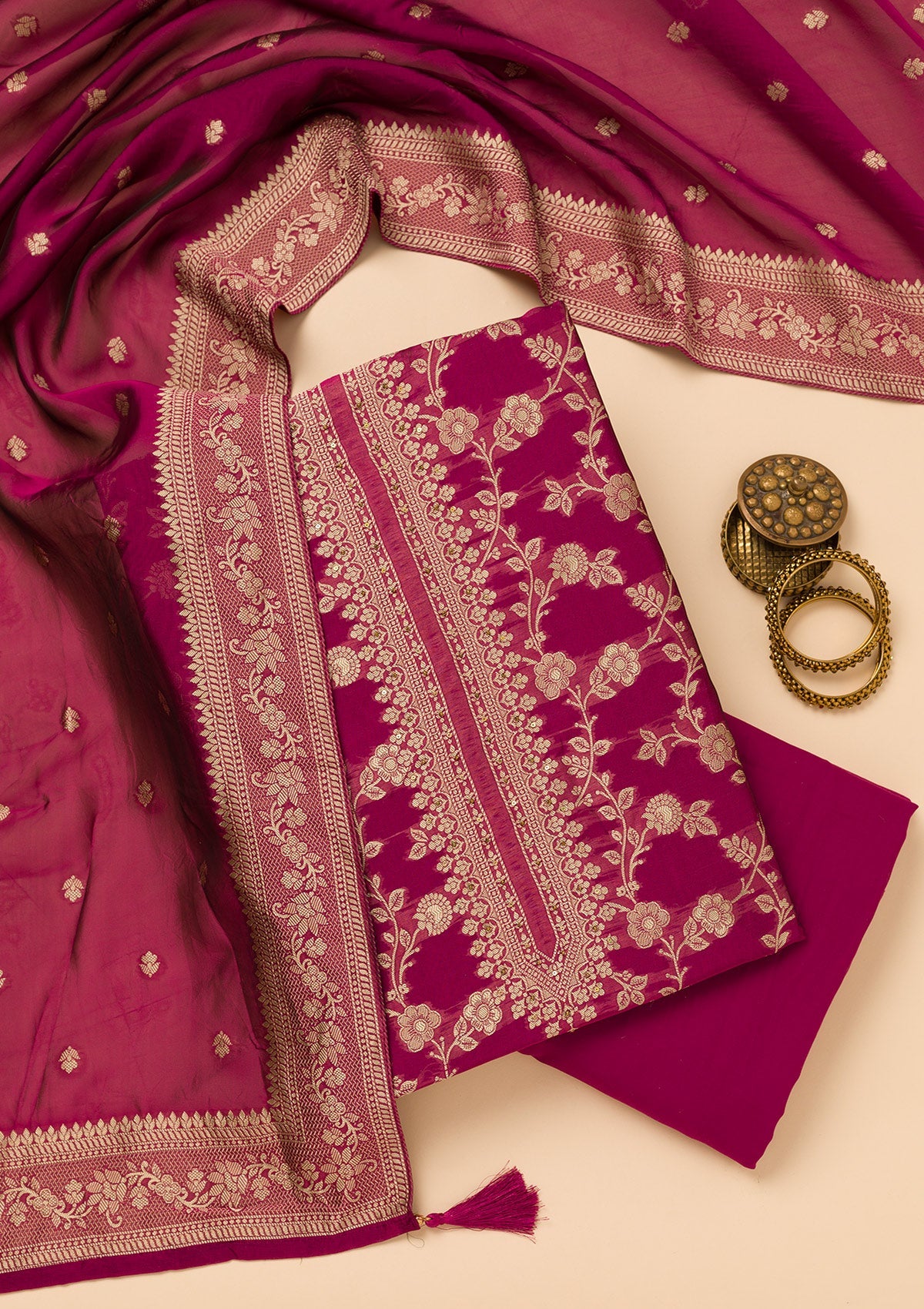 Wine Zariwork Satin Unstitched Salwar Suit