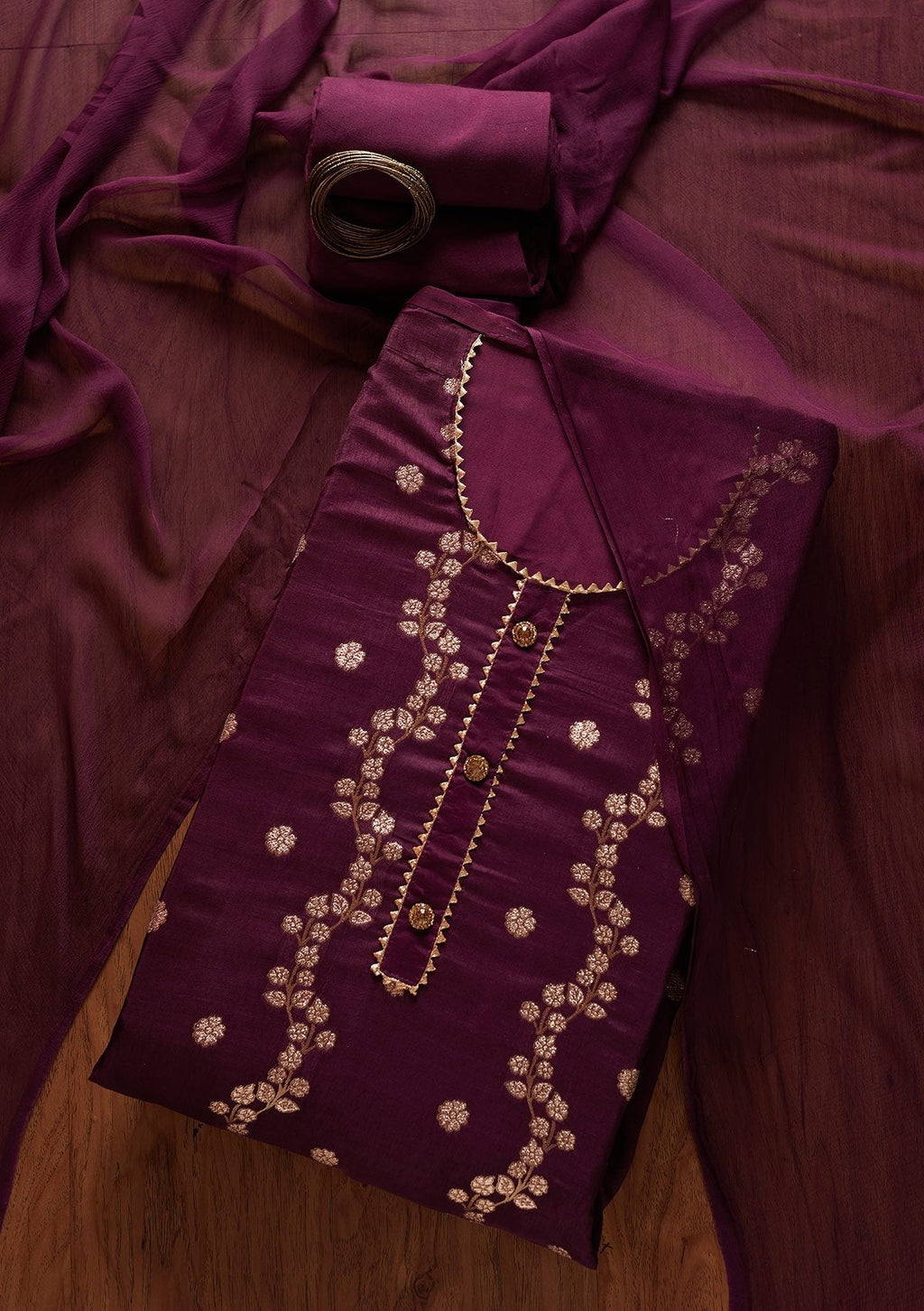 Wine Zariwork Semi Crepe Unstitched Salwar Suit
