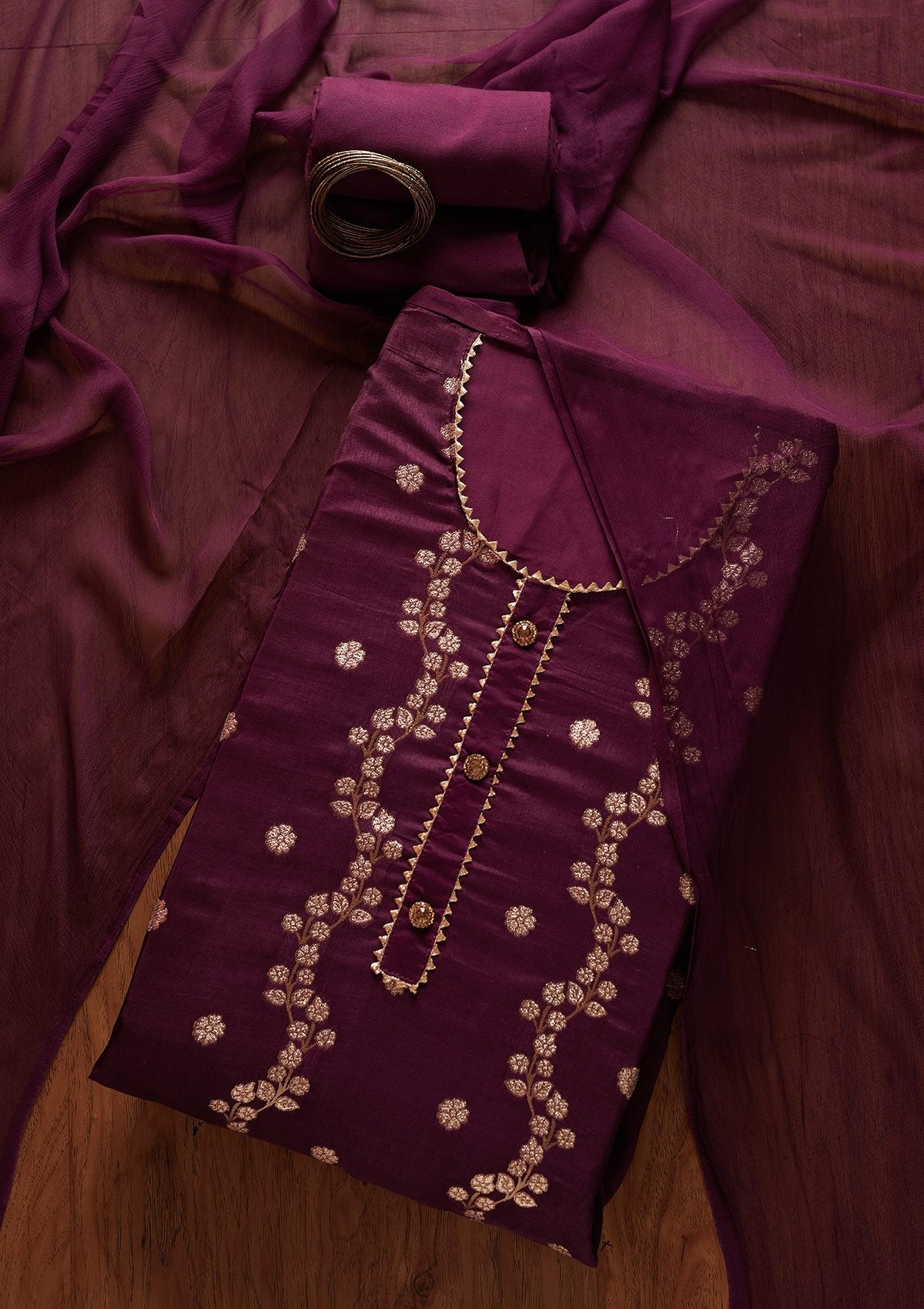 Wine Zariwork Semi Crepe Unstitched Salwar Suit