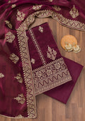 Wine Zariwork Semi Crepe Unstitched Salwar Suit