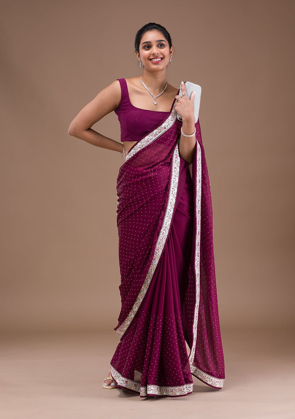 Wine Zariwork (Silver) Chiffon Saree