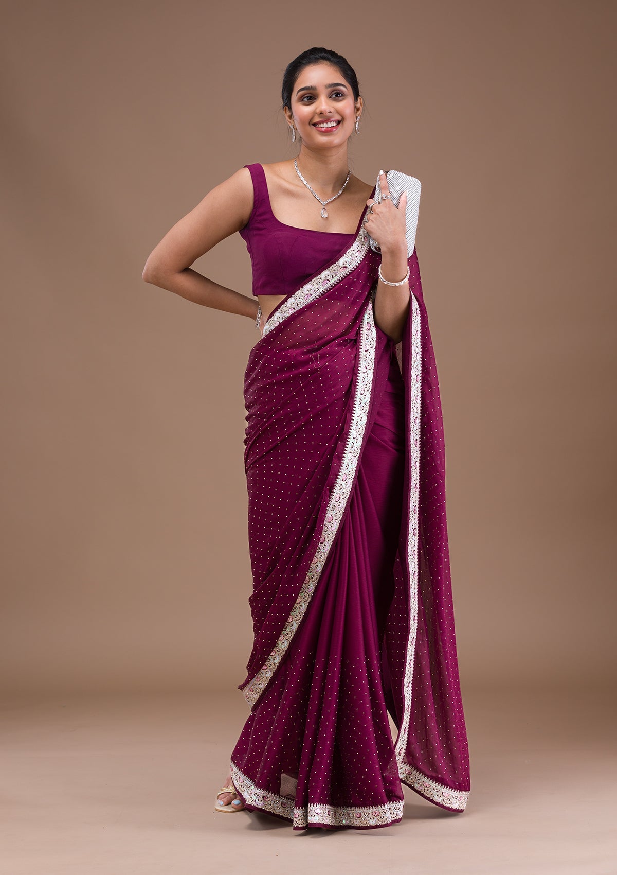 Wine Zariwork (Silver) Chiffon Saree