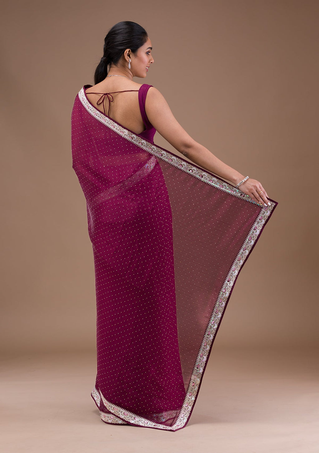 Wine Zariwork (Silver) Chiffon Saree