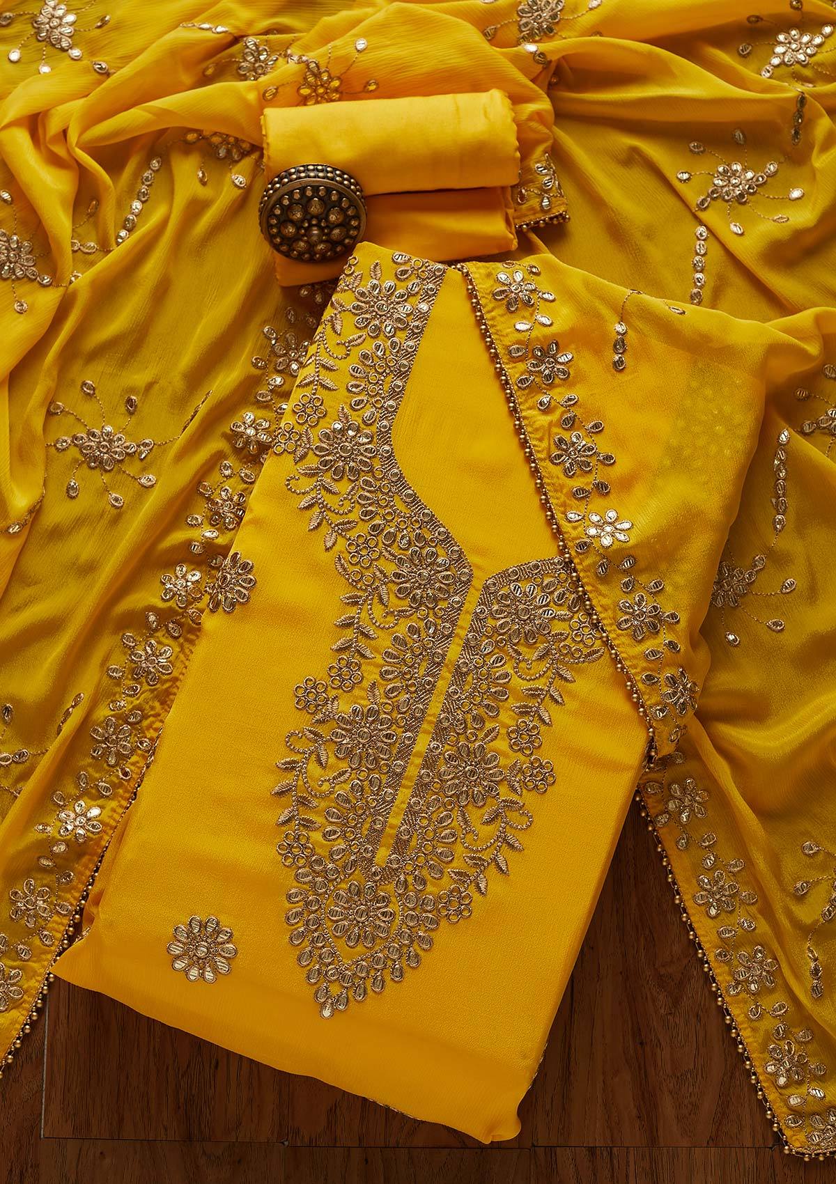 Yellow Gotapatti Georgette Unstitched Salwar Suit