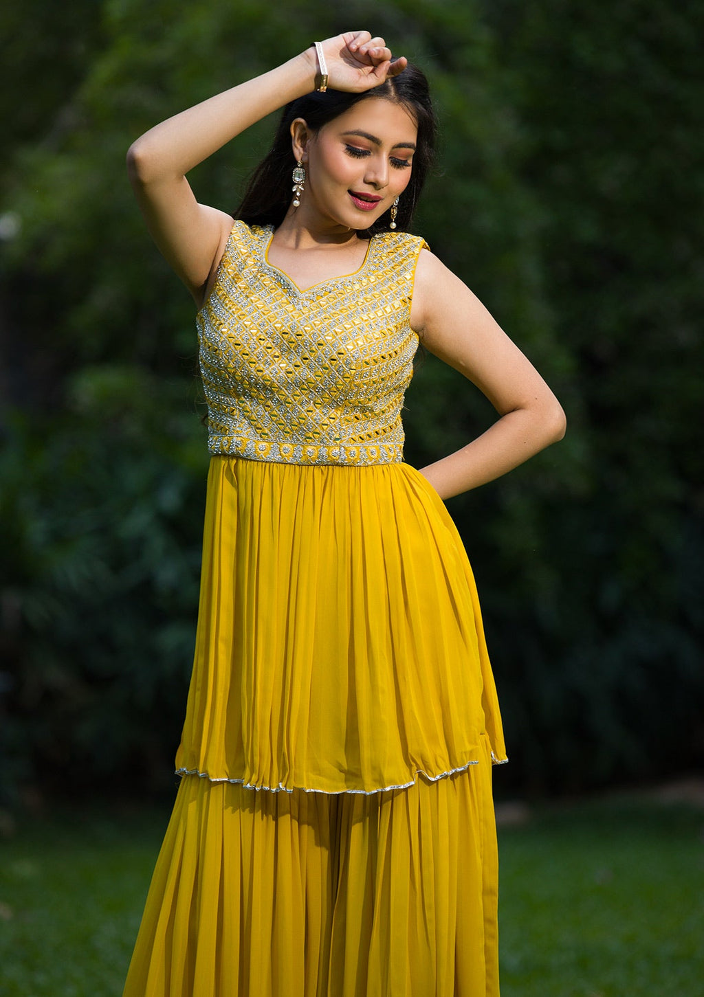Yellow Mirrorwork Georgette Readymade Sharara Suit