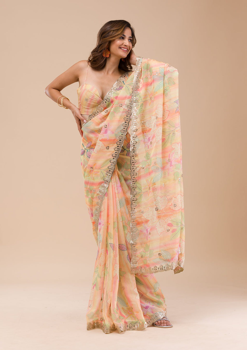 Yellow Printed Organza Saree